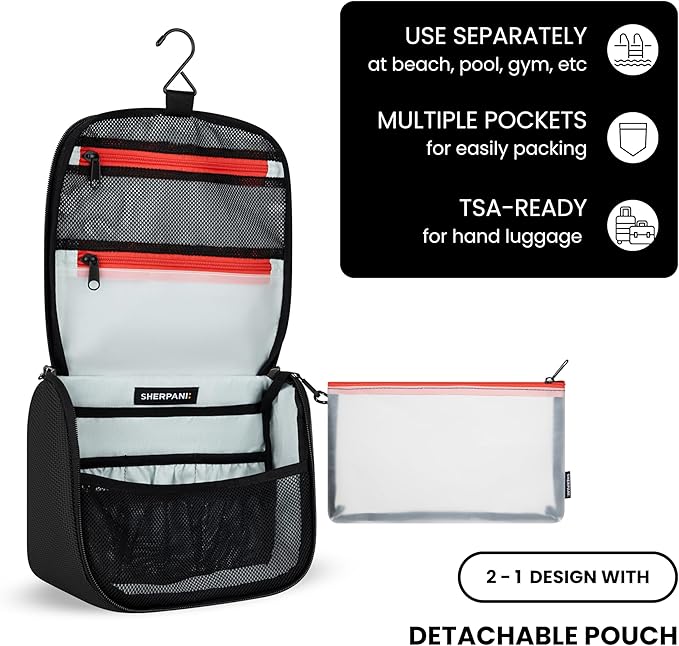 Sherpani Co-Pilot, Travel Toiletry Bag, Hanging Cosmetic Organizer, Water Resistant Makeup Bag, Shower Dopp Kit, Essentials Toiletries for Women, Travel Gift (Carbon)