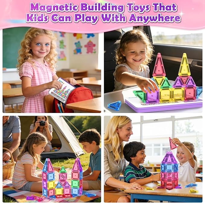 Magnetic Tiles Mini Travel Toys Set for Kids, Magnetic Blocks Building Toy Preschool Classroom Must Haves, Montessori Sensory Outdoor Kids Toys for Toddlers 3+ Year Old Girls Boys Travel Essential