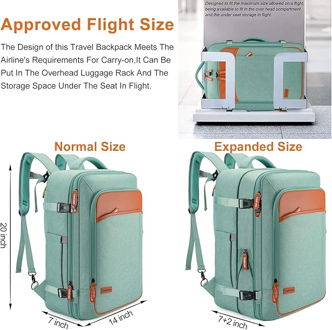 Lumesner Carry on Travel Backpacks, Extra Large 40L Flight Approved Bag for Men & Women,Expandable Suitcase Backpack With 4 Packing Cubes,Water Resistant Luggage Daypack Business Weekender Bag, Green