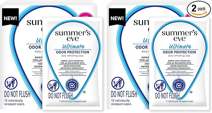 Summer's Eve Ultimate Odor Protection Daily Feminine Wipes, Gentle pH-Balanced Formula with Boric Acid Cleanses & Removes Vaginal Odor, Individually Wrapped Body Wipes, 12 Count (Pack of 2)