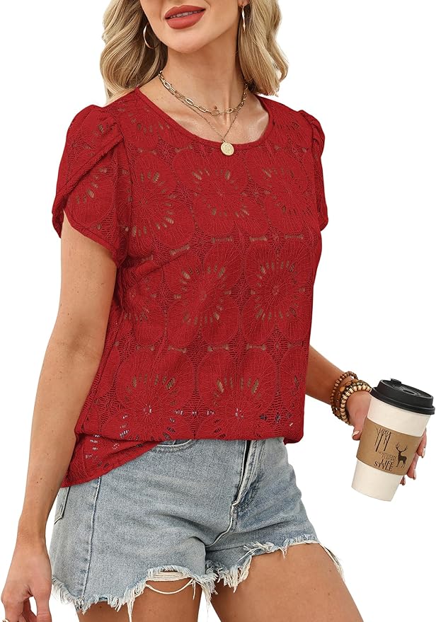 OFEEFAN Blouses for Women Dressy Casual Petal Short Sleeve Shirts Crochet Lace Boho Tops Spring Fashion Summer Outfits