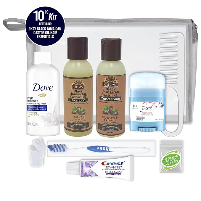Convenience Kits International Women’s Deluxe 10 PC Kit Featuring: OKAY Black Jamaican Castor Oil Hair, Body, Oral Care, Travel-Size Travel Essentials