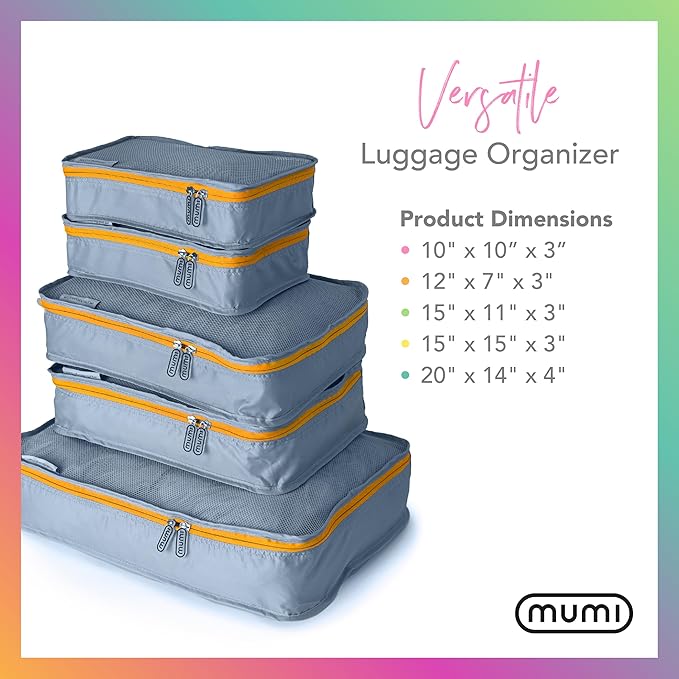 MUMI Packing Cubes - 5 Compression Packing Cubes for Travel, Luggage Organizer Bags for Suitcases, Carry-On, Duffle or Backpack – Mesh, Waterproof Bags for Clothes, Kids & Travel Accessories - Blue