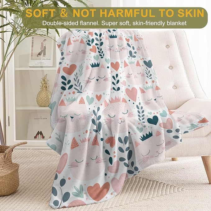 Cute Cat Faces Flannel Blanket - Cartoon Kitten Heart and Crown Throw - Lightweight Soft Cozy Gifts Blankets for Kids & Pet Lovers,Modern Home Room Bedroom Decor 40x50in
