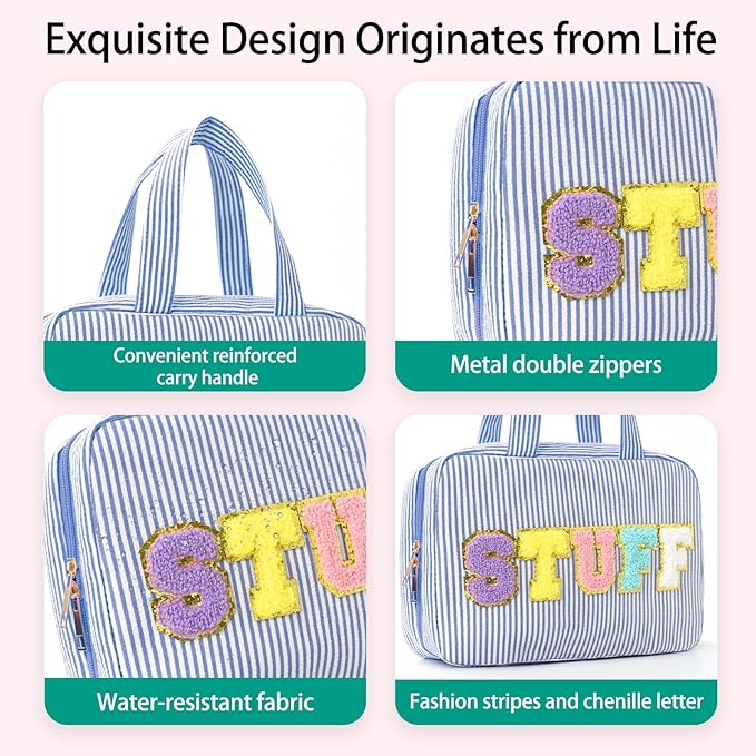 Hanging Toiletry Bag for Women Chenille Letter Travel Cosmetic Bag Fashion Stripes Water-resistant Makeup Bag for Store Toiletries Cosmetic Accessories Medium Blue