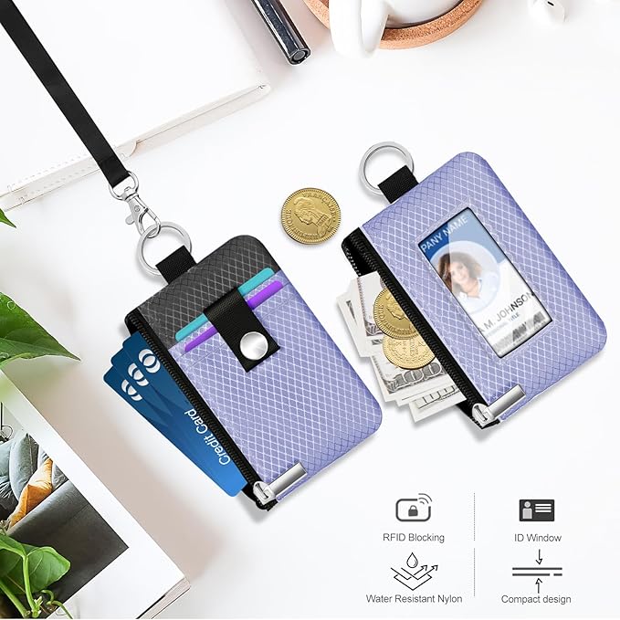 Minimalist RFID Blocking Small Wallet with ID Window,WaterResistant Zip Id Case Wallet with Lanyard Keychain for Cards,Cash,Travel,Women,Men (Lavender Purple/DarkGrey)