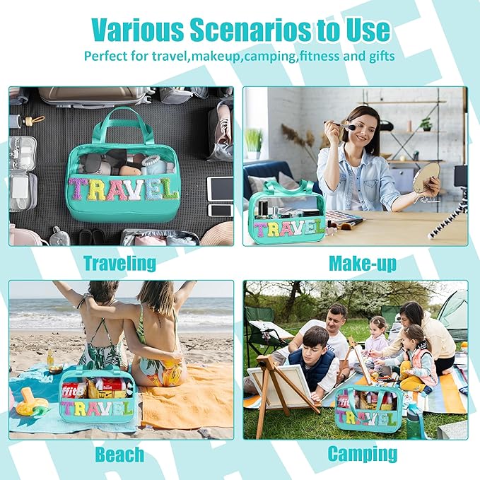 BuyCard Chenille Letter Patch Clear Travel Bags, Preppy PVC&Nylon Makeup Bag with Handle and Zipper, Waterproof Large Clear Travel Toiletry Bag Storage Bag for Women Girls