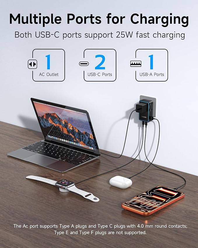 Universal Travel Adapter, 2026 Ultra-Slim 25W PD Fast Charger, 4-Port (1 AC/1 USB-A/2 USB-C) International Power Adapter, Worldwide Plug Adapter for EU/UK/AU/Asia, Travel Essentials for 200+ Countries
