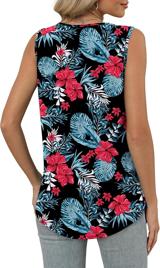 OFEEFAN Tank Top for Women Loose Fit Sleeveless Shirts V Neck Summer Clothes Ruched Women's Tees and Tanks Curved Hem