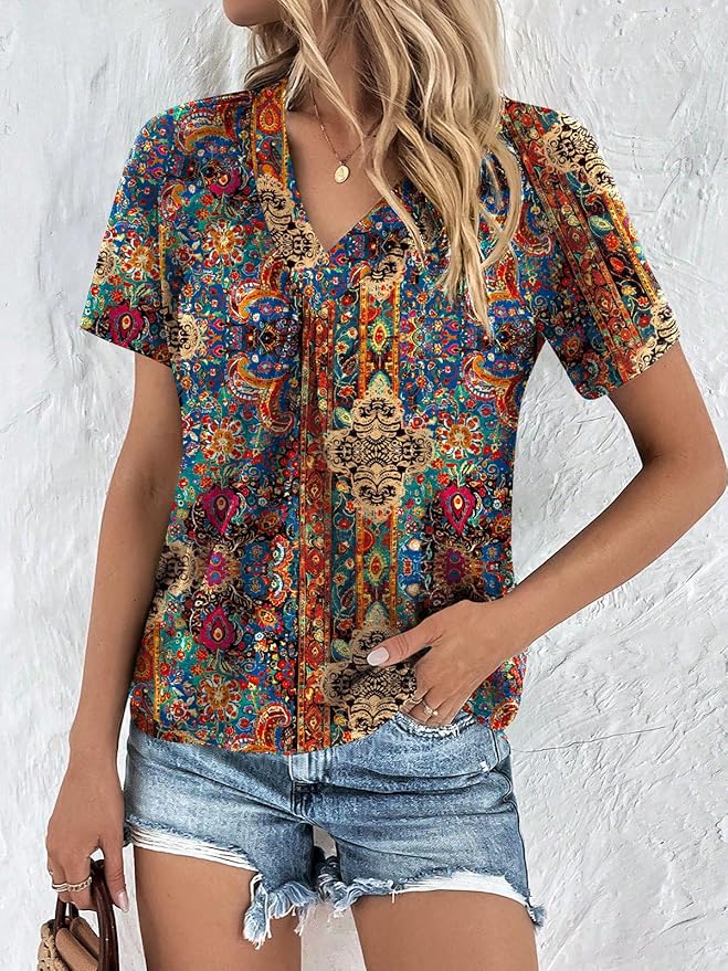 AUTOMET Womens Tops Short Sleeve V Neck T Shirts 2026 Summer Spring Beach Vacation Clothes Casual Loose Ruched Top