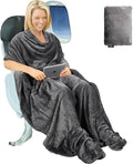 Tirrinia Travel Portable Blanket with Feet Pocket Airplane Office Poncho 4 in 1 Zippered Front Pocket Premium Cozy Fleece Blankets with Built-in Bag