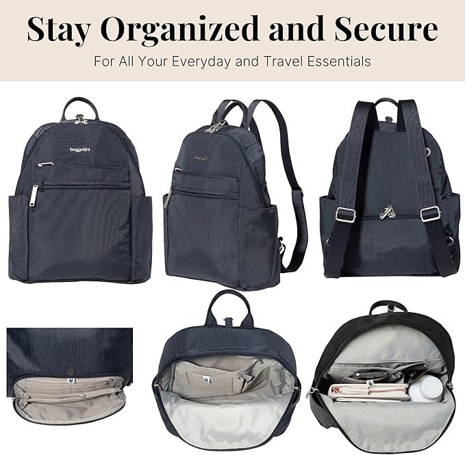 Baggallini Securtex® Anti-theft Vacation Travel Backpack 10x13 Slash-Resistant Nylon Daypack w/RFID, French Navy