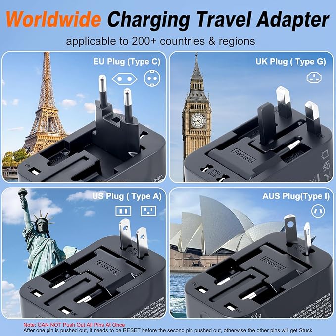 Universal Travel Adapter Fast Charger, Worldwide Plug Adapter 2 USB C PD3.0 & 2 USB-A Quick Charge, All in One International Power Adaptor GaN Smart Wall Charger 4 Ports for Phone Laptop USA EU UK AUS