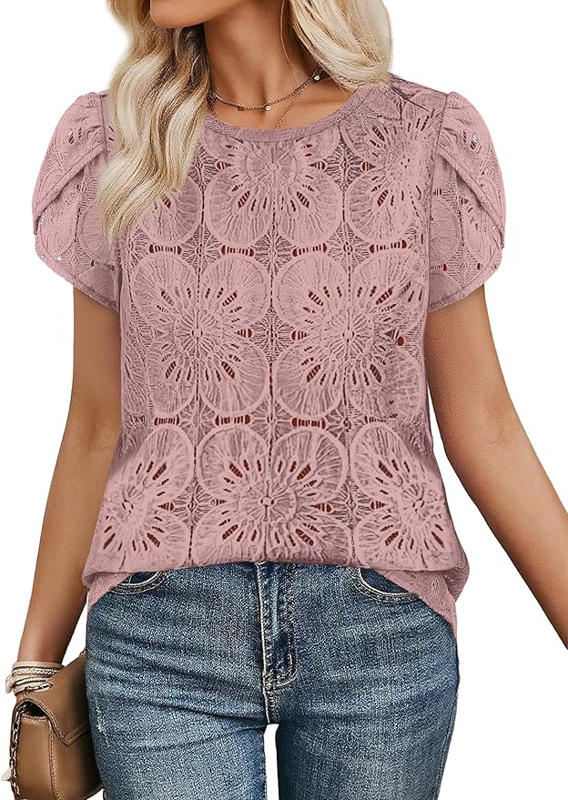 OFEEFAN Blouses for Women Dressy Casual Petal Short Sleeve Shirts Crochet Lace Boho Tops Spring Fashion Summer Outfits