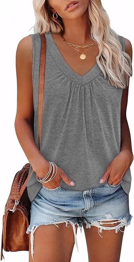 OFEEFAN Tank Top for Women Loose Fit Sleeveless Shirts V Neck Summer Clothes Ruched Women's Tees and Tanks Curved Hem
