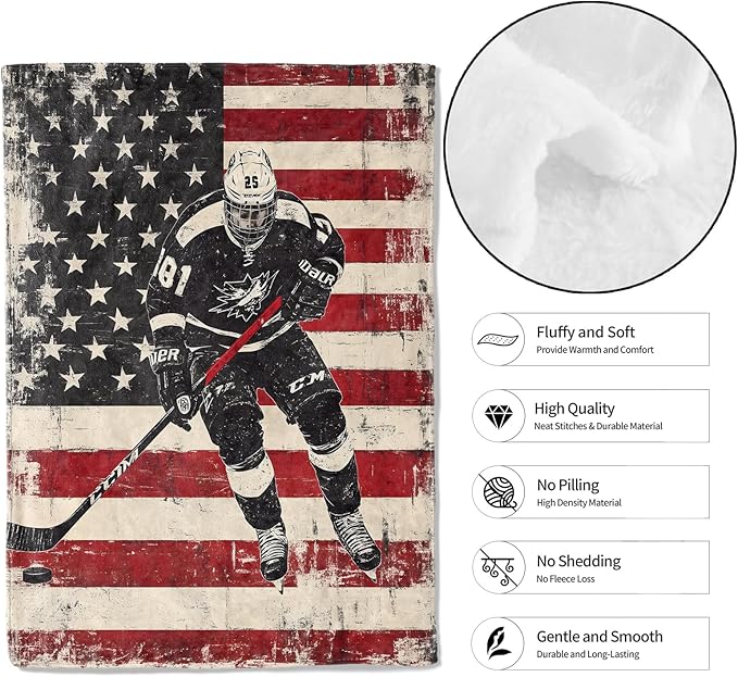 Retro Patriotic Hockey Throw Blanket,40x50in,Soft,Lightweight Flannel,American Flag Vintage Blankets - Gifts for Women Men,Game Day Lovers,for Couch Office Travel,Home Living Room Decor