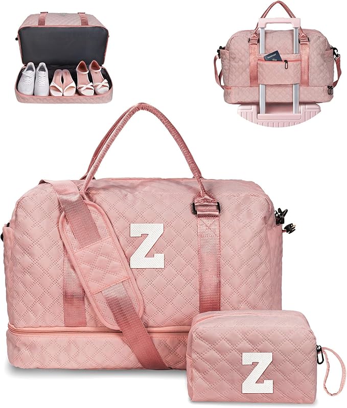 Initial Duffle Travel Bag, Personalized Weekender With Shoulder Strap, Monogram Overnight for Women Wet Pocket, Letter Travel With Makeup Bag Gifts for Family (Letter Z)