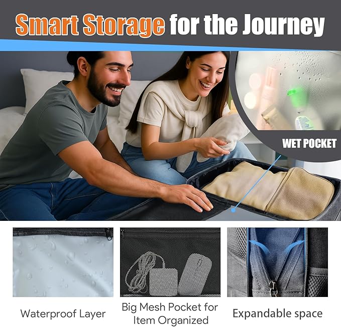 Expandable Carry on Backpack 50L-60L, Extra Large Travel Backpack Hiking Camping Rucksack with Waterproof Wet Pocket, Anti-Theft 19 Inch Gaming Laptop Bag for Road Trip Outdoor Sports, Grey