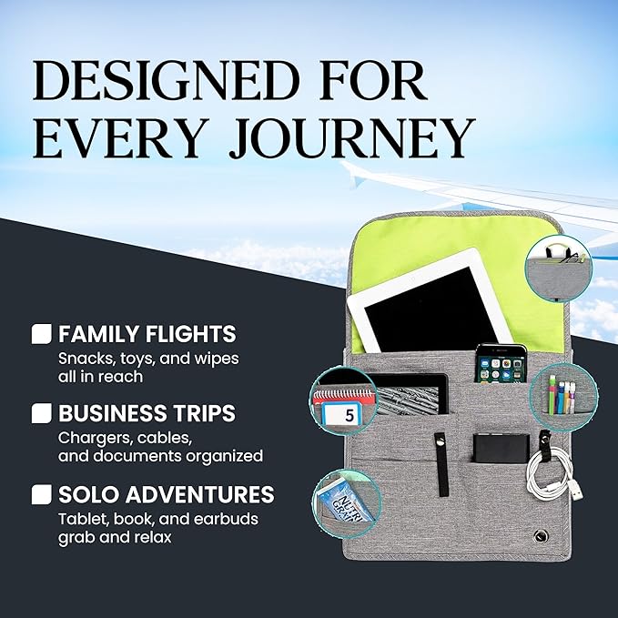 SO~MINE Airplane Pocket Organizer | Tray Table Cover | In Flight Seat Back Organizer Bag | Commuter Essential Travel Bag | Media Pouch For Flying | Travel Gift | Attaches To Luggage