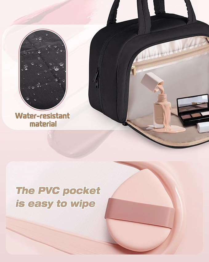Marscamd Travel Makeup Bag for Women, Puffy Cosmetics & Toiletry Organizer with Leakproof Pockets for Travel-Size Shampoo, Conditioner, Brushes & Essentials - Medium Size, Black (Bag Only)