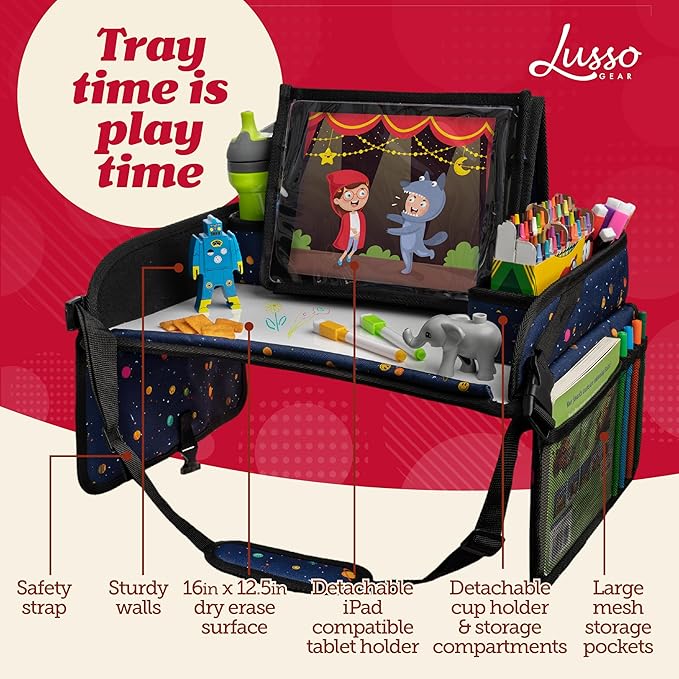 Lusso Gear Car Seat Activity Tray - Dry-Erase Top & Toddler Travel Essential - Mesh Pockets & Car Back Seat Organizer - Cup Holder & Road Trip Essentials for Kids - 600D Oxford Material