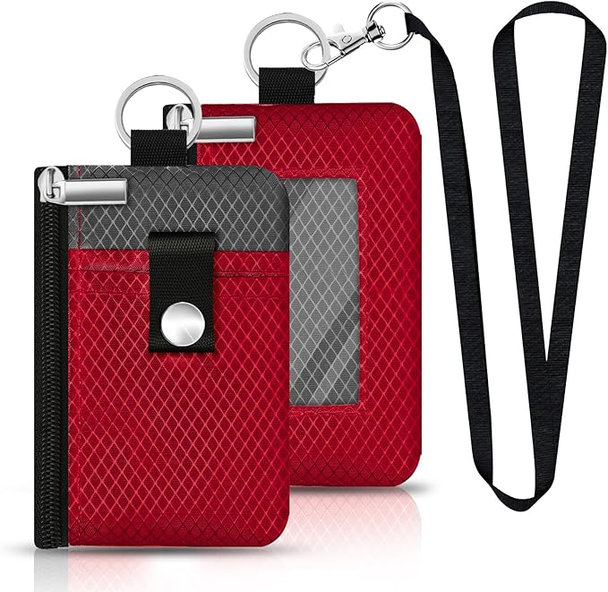 Minimalist RFID Blocking Small Wallet with ID Window,WaterResistant Zip Id Case Wallet with Lanyard Keychain for Cards,Cash,Travel,Women,Men (Red/Dark Grey)