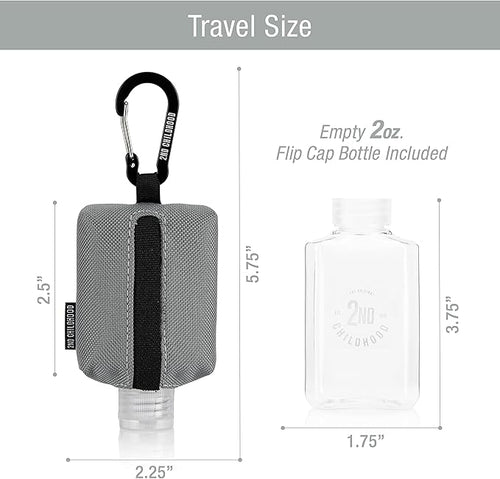 2nd Childhood Travel Hand Sanitizer Keychain – Small Refillable 2 oz Bottle with Clip-On Holder – Portable Sanitizer Case for Purse, Backpack, Gym Bag