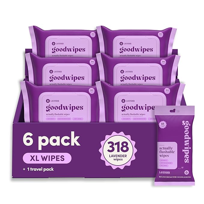 goodwipes Flushable Butt Wipes - Vitamin E & Aloe - Sewer & Septic Safe - Extra Large Adult Wet Wipes For Women & Men - Bathroom Essentials - Lavender, 318 Count (6 Packs + 1 Travel)