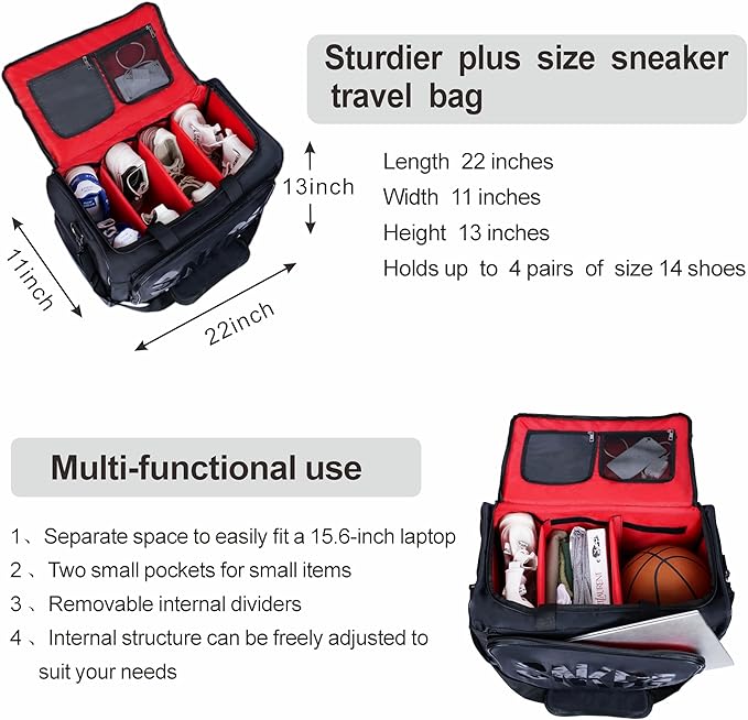 Shoe Bags for Travel Sneaker Travel Bag Shoes Duffel Bags Waterproof Gym Sports Luggage Sneakerhead Bag for Men with 3 Adjustable Dividers fit 4 Pairs Heavy Duty Travel Accessories (red)
