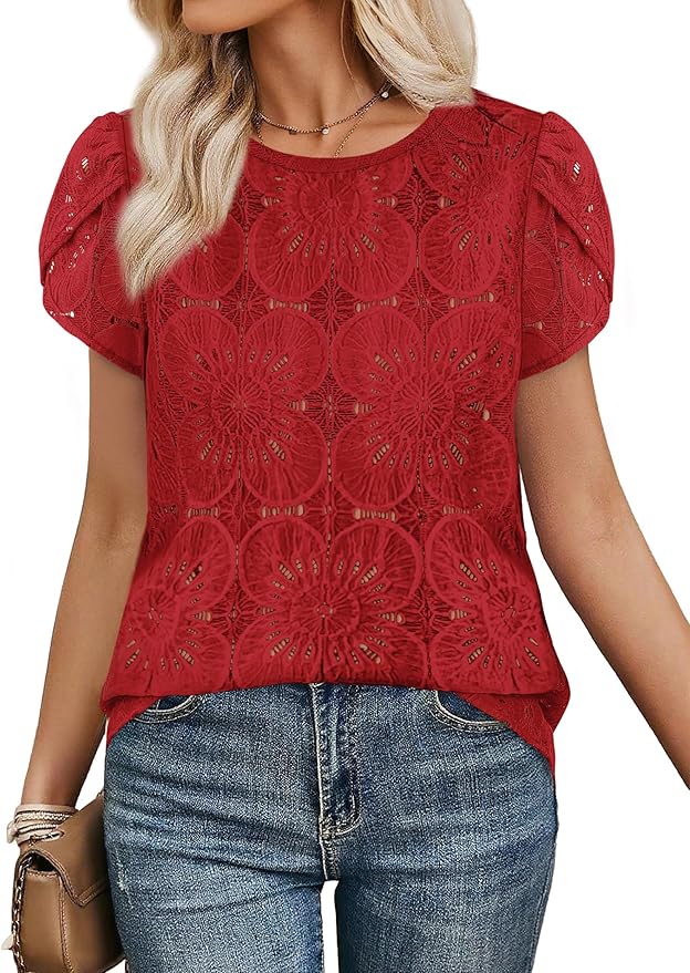 OFEEFAN Blouses for Women Dressy Casual Petal Short Sleeve Shirts Crochet Lace Boho Tops Spring Fashion Summer Outfits