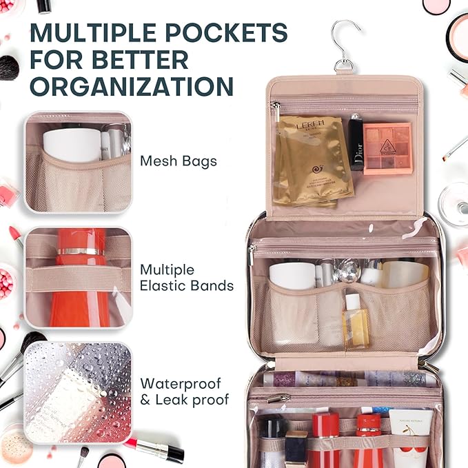 Hanging Toiletry Bag for Women Travel, 2 Sizes Large & Small Waterproof Cosmetic Organizer with 4 Compartments, Rotating Hook, Foldable Pink Travel Bag for Toiletries & Makeup Medium Lake Blue