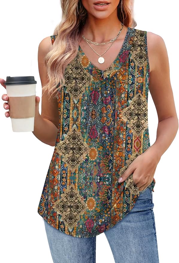 OFEEFAN Tank Top for Women Loose Fit Sleeveless Shirts V Neck Summer Clothes Ruched Women's Tees and Tanks Curved Hem