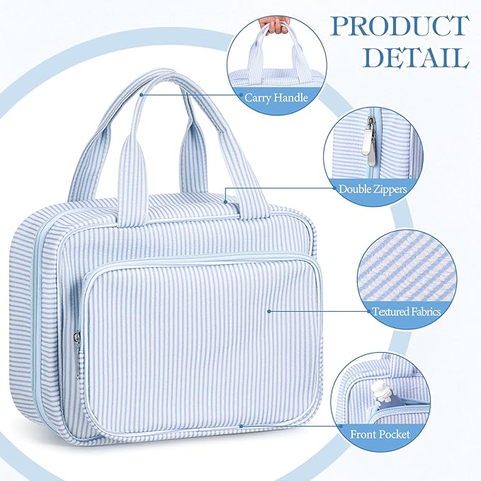 Huhumy Hanging Toiletry Bag for Women with Detachable Pouch, Travel Toiletry Bag, Travel Size Toiletries, Cosmetic Bags, Seersucker Makeup Bags Gifts for Her Mom Girlfriend Wife Teacher(Blue)