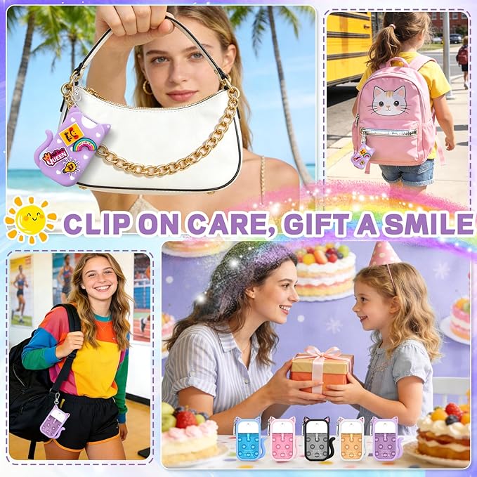 Cute Cat Silicone Case Compatible with Touchland Hand Sanitizer Spray,Portable Power Mist 1 FL OZ/30ML Sanitizer Holder for Touchland with Keychain & 4 Charms Touchland Keychain Holder(1 PCS Purple)