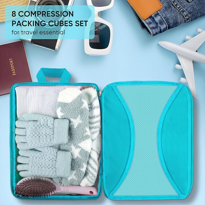 8 Set Compression Packing Cubes for Travel, Packing Cubes Compression Travel Accessories Expandable Packing Organizers for Carry on Luggage Suitcase