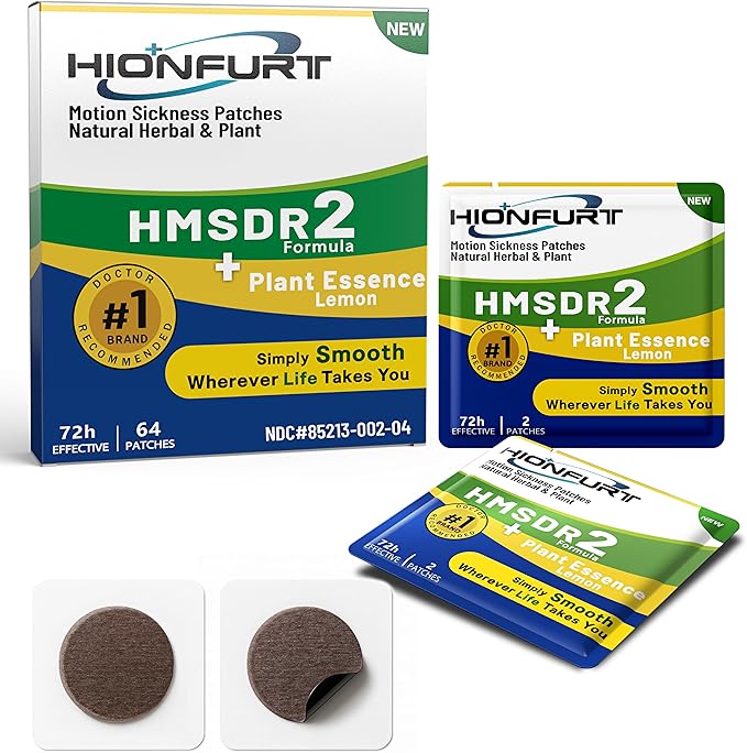 Hionfurt HMSDR2 64ct Motion Sickness Patches with Plant Essence – Lemon – Sea Sickness Patches for Cruise, Car, Airplane – Non-Drowsy, 72H Lasting