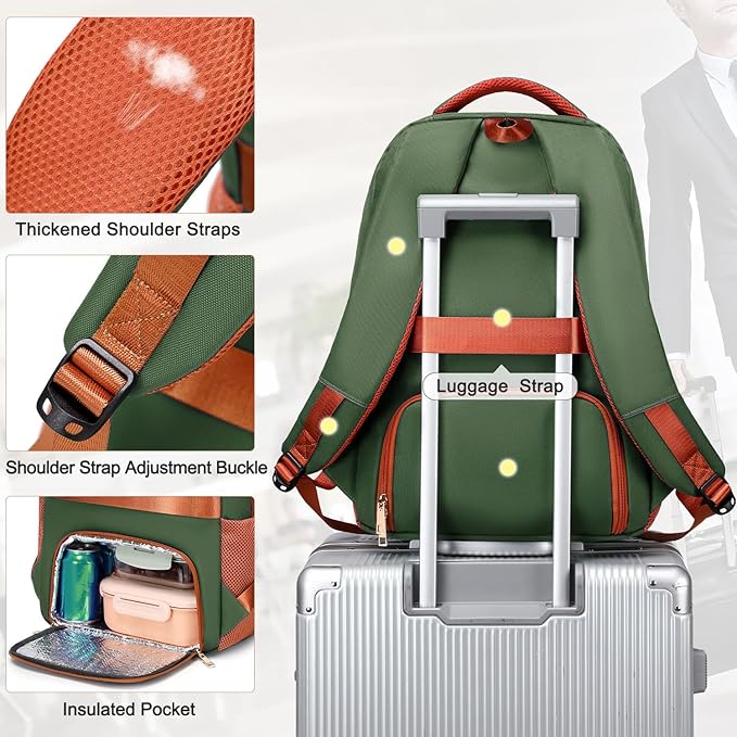 BOVIP Travel Backpack For Men Women,40L Carry On Backpack Flight Approved,TSA Personal Item Travel Bag Fits 17 Inch Laptop,Business Weekender Overnight Daypack Green