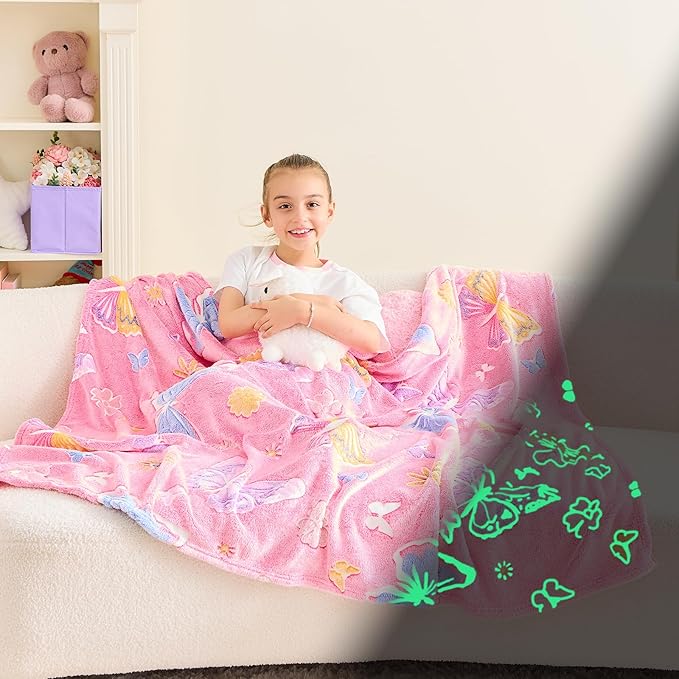 Wajade Glow in The Dark Butterfly Blanket for Girls, Soft Cozy Flannel Kids Throw Blanket for Boys and Girls, Cute Kids Blanket for Sofa Couch Bed, Christmas Birthday Gift 50"x60"