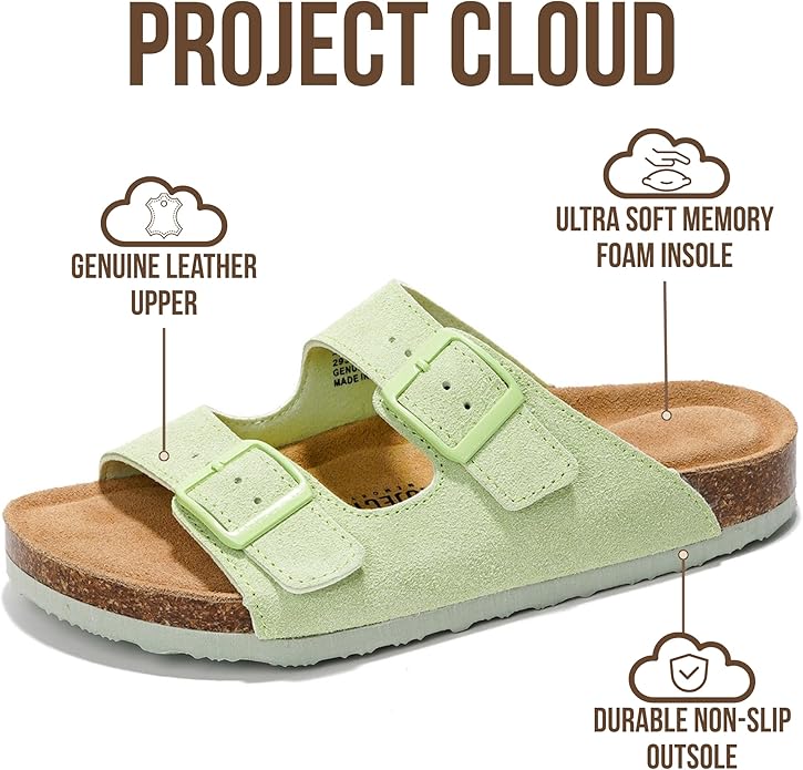 Project Cloud 100% Genuine Leather Flat Sandals For Women 2026 Cork Footbed Womens Sandals with Memory Foam and arch support Vacation Essentials Slides for Women Footwear (Venita)