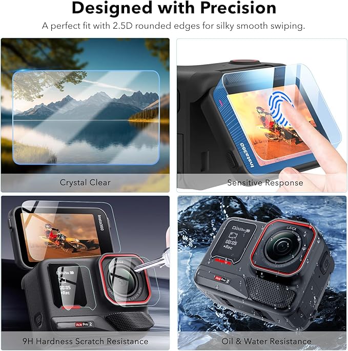 for Insta 360 Ace Pro 2 Accessories, PU Portable Mini Carrying Bag Case, Lens Screen Protectors (6 Pack) Compatible with Insta360 Ace Pro 2, Rubber Lens Cap Cover for Insta 360 Action Camera
