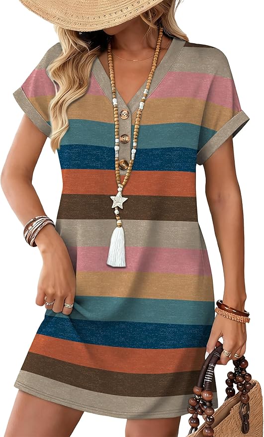 WIHOLL Summer Dresses for Women with Sleeves Midi Dress Button Down Beach Vacation Casual Dresses Fashion Clothing