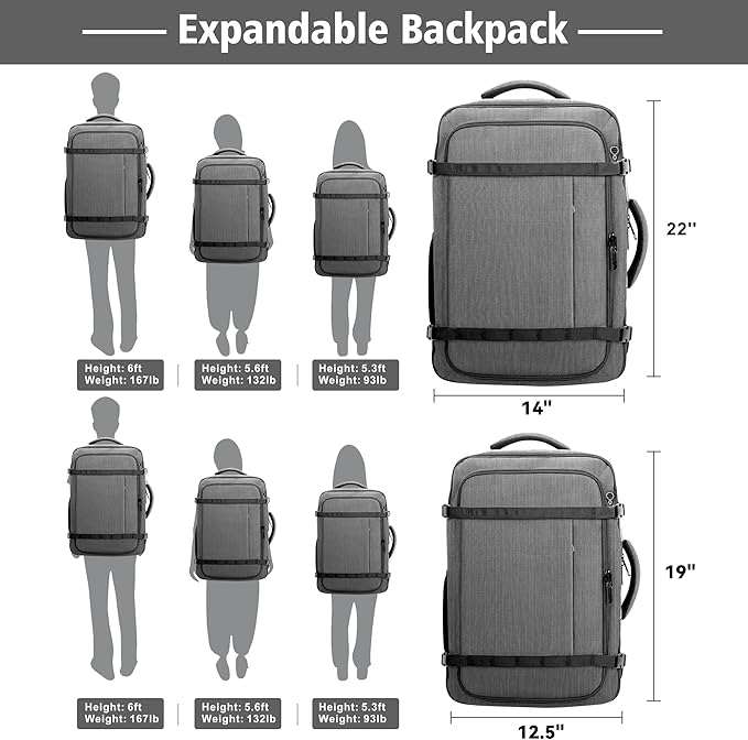 Spacious Carry On Backpack,Expandable Large 1-7DAYS Capacity Travel Backpack with USB Cable Port,Fits 18.4" Laptop,Anti Theft Water Resistant Work Backpack for Men Women,Extended Travel Work,Grey