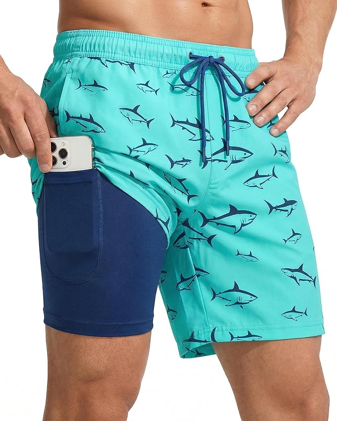 7 Inch Men Swim Trunks with Compression Breathable Liner Quick Dry Zipper Pockets for Pool Board Beach Cruise