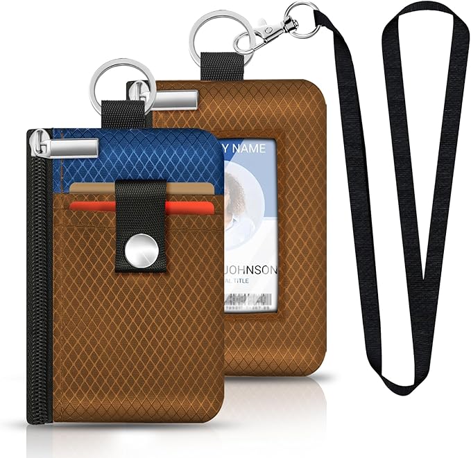 Minimalist RFID Blocking Small Wallet with ID Window,WaterResistant Zip Id Case Wallet with Lanyard Keychain for Cards,Cash,Travel,Women,Men (Brown/Electric Blue)