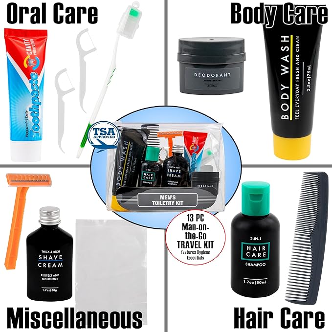 Trail maker Men’s Travel Toiletry Bag with Supplies, 13 Piece Travel Size TSA Compliant Oral Care and Grooming Essentials Kit