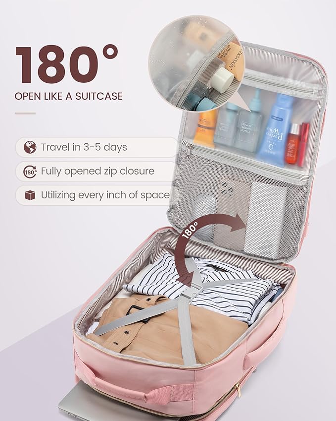 LOVEVOOK Travel Backpack for Women & Men 50L,Airline Approved Carry On Backpack Travel Essentials,TSA Carry on Luggage,Waterproof Personal Item Travel Bag,Suitcase with 3 Packing Cubes,Pink-Pink