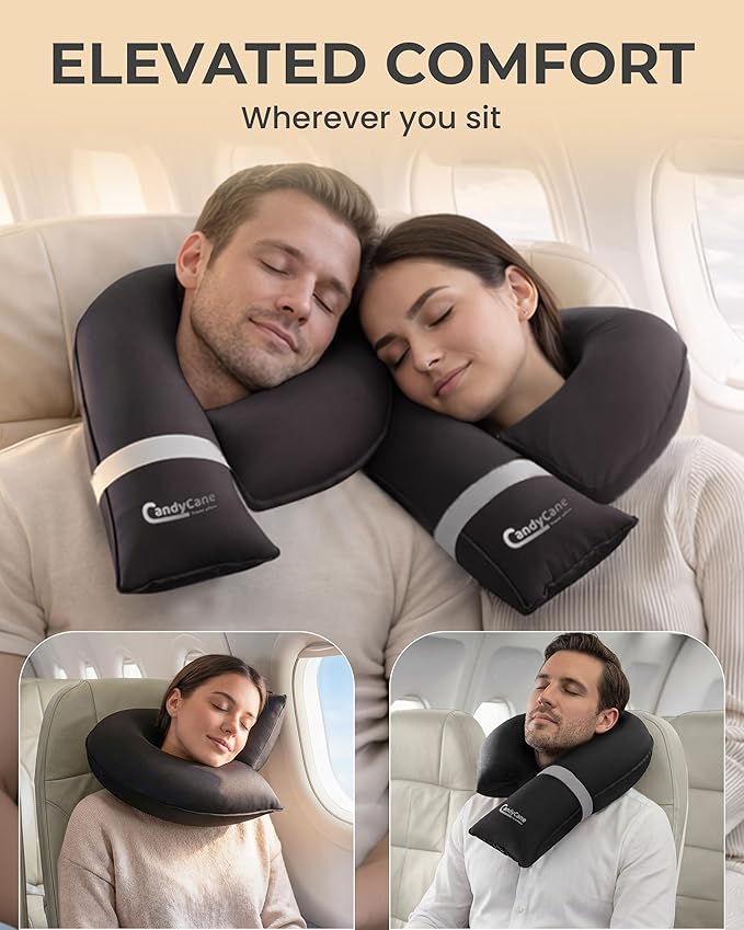 CANDY CANE Inflatable Neck Pillow for Airplane Travel with JShaped Design and 360° Support - Window Leaning Head & Chin Rest for Long Flights - Compact Blow Up for Air Travel