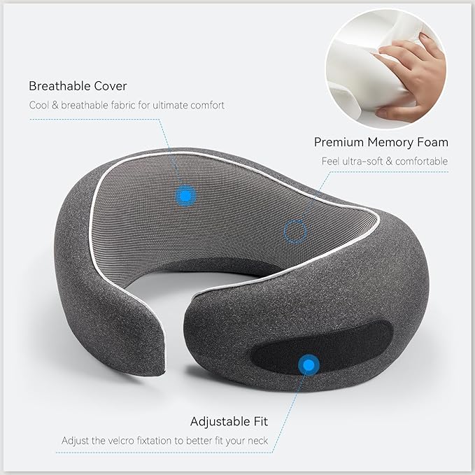 Travel Neck Pillow for Airplanes, Premium Memory Foam Neck Pillow with Ergonomic 360° Support, Travel Essentials for Plane, Car, Train and Home, Max Blue