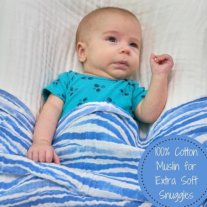 LollyBanks Muslin Swaddle Blanket, 100% Muslin Cotton Soft Blanket for Boys, 47 X 47 Inches Baby Boy Receiving Blankets, Soft and Cozy Swaddle Wrap for Baby, Registry (Ocean Theme Print)
