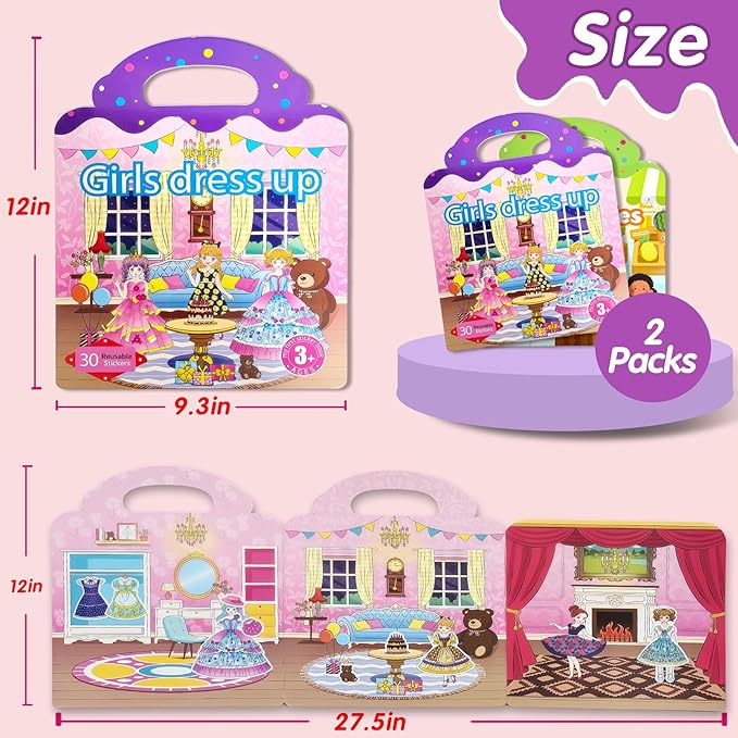 2 Sets Reusable Sticker Book for Kids, Puffy Jelly Stickers for Toddlers, Travel Essentials Craft Activities Toys for Girls Birthday Gifts - Princess, Fruits & Vegetables